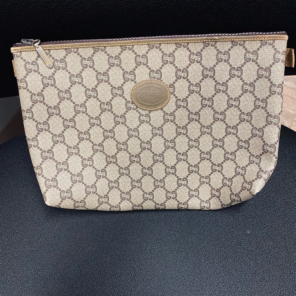 Gucci Cream and Brown Cosmetic Bag with Iconic Monogram